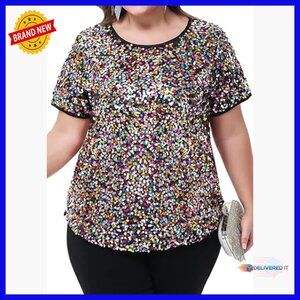 Plus Size Sequin Tunic Blouse Short Sleeve Party Top Sparkle Glitter